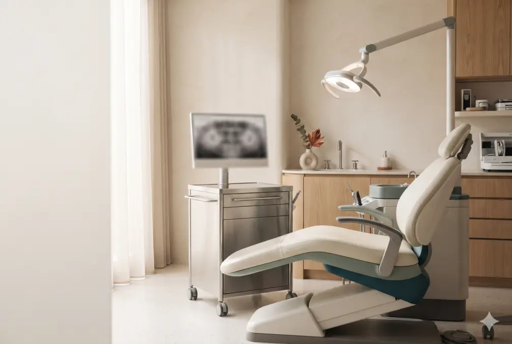 Dental examination chair and overhead light in a contemporary clinic room