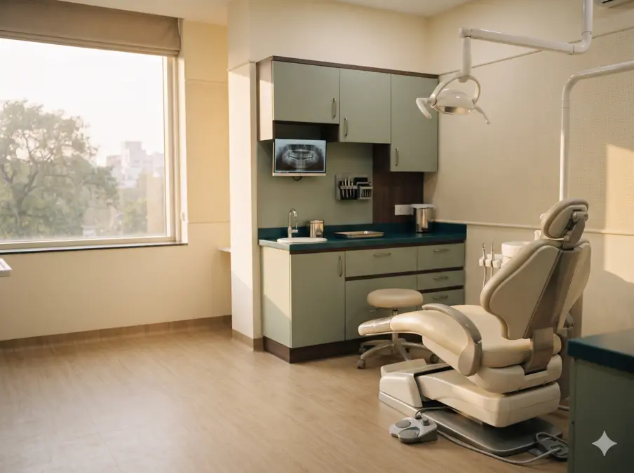Illustrative dental consultation room with empty examination chair and overhead light; not a photograph of the hospital