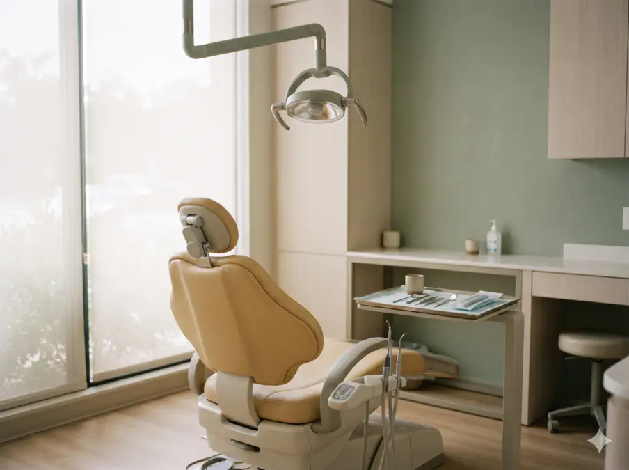 Illustrative dental consultation room with an empty chair and overhead lamp; not a photograph of Sai Specialized Dental Hospital