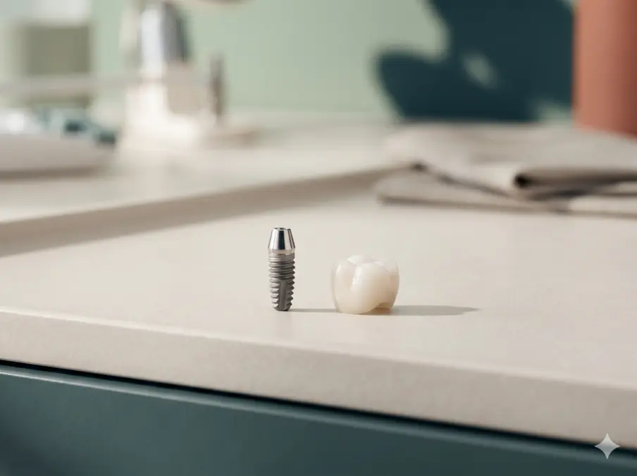 Illustrative display of a dental implant component and crown; not a patient or treatment result